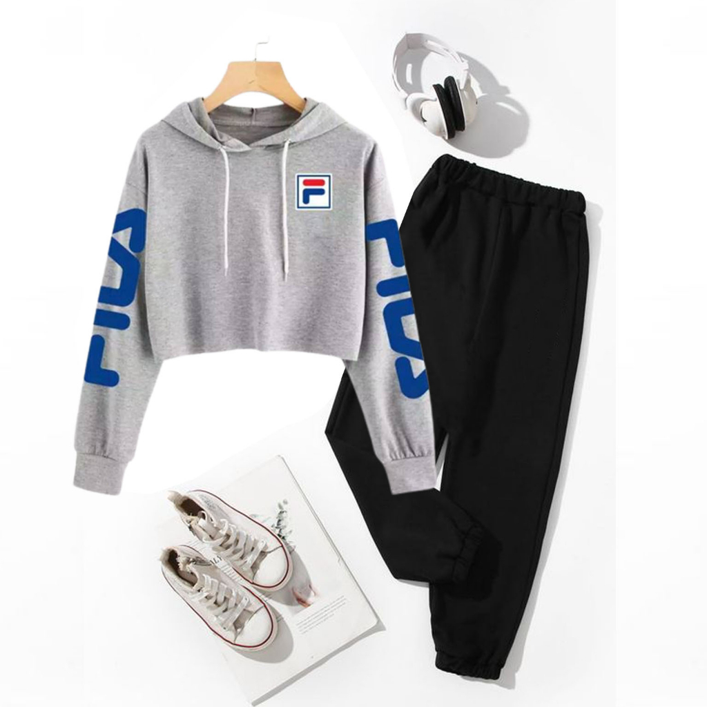 BESS - Baju Setelan Wanita Murah / Setelan Hoodie Crop + Jogger Hitam - WHATEVER FOREVER