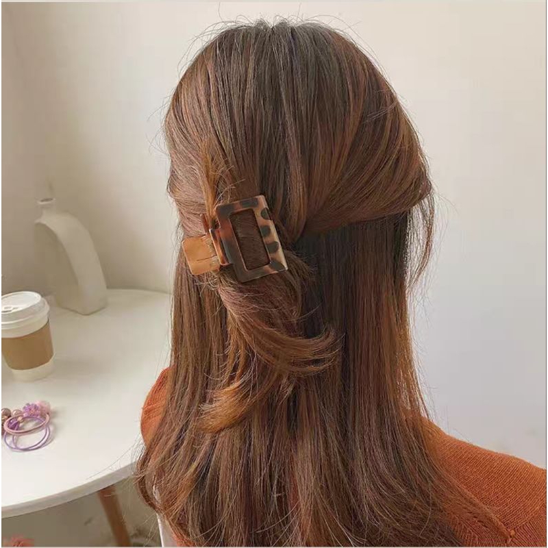 Jepit Rambut Salon Transparan Model Kotak Bolong Ukuran 5cm Matte Glossy dengan Handle Jedai Transparan Motif Macan Square Hair Claw Clips