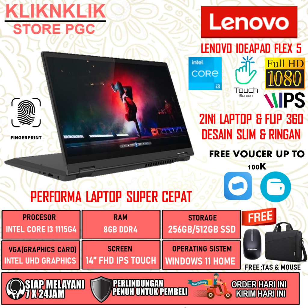 LAPTOP LENOVO IDEAPAD FLEX 5 14 2IN1 INTEL CORE I3 1115G4 RAM 8GB 512GB SSD FHD IPS TOUCHSCREEN WINDOWS 11 GREY