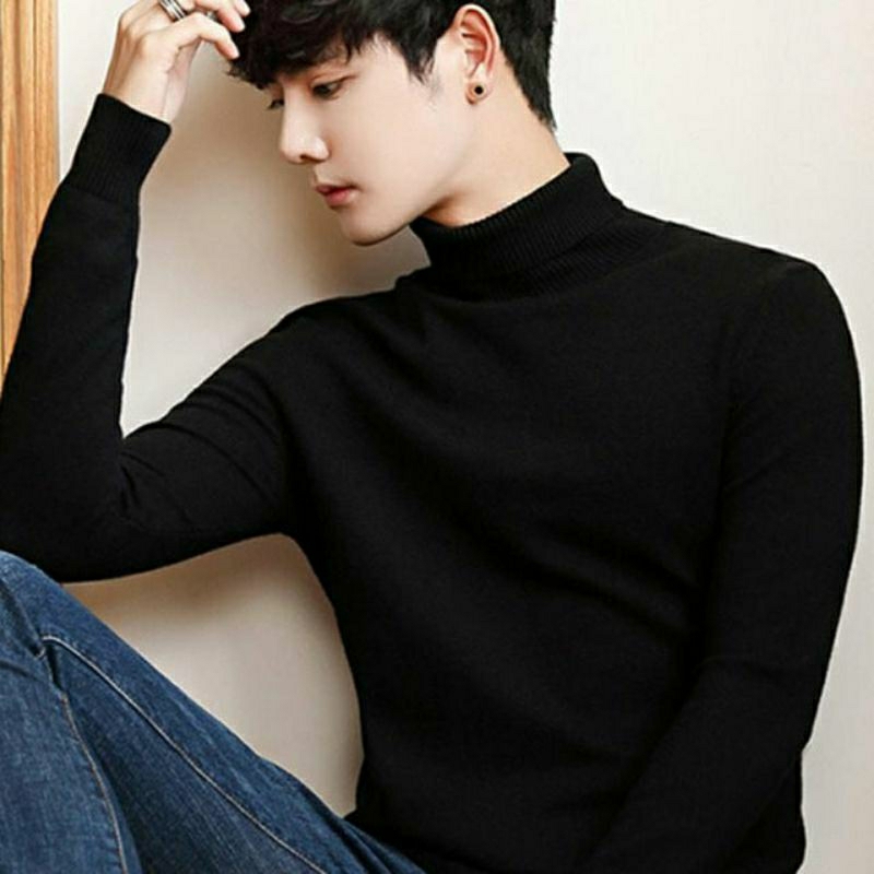 KAOS TURTLE NECK PRIA TANGAN PANJANG HITAM PUTIH TURTLENECK KOREAN STYLE