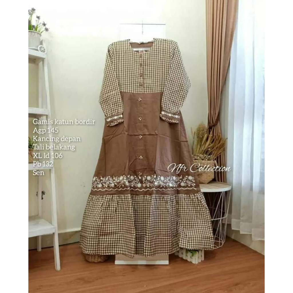 agape gamis katun polos kombinasi kotak kotak bordir murah XL ld 106 M ld 102 pb 132 busui