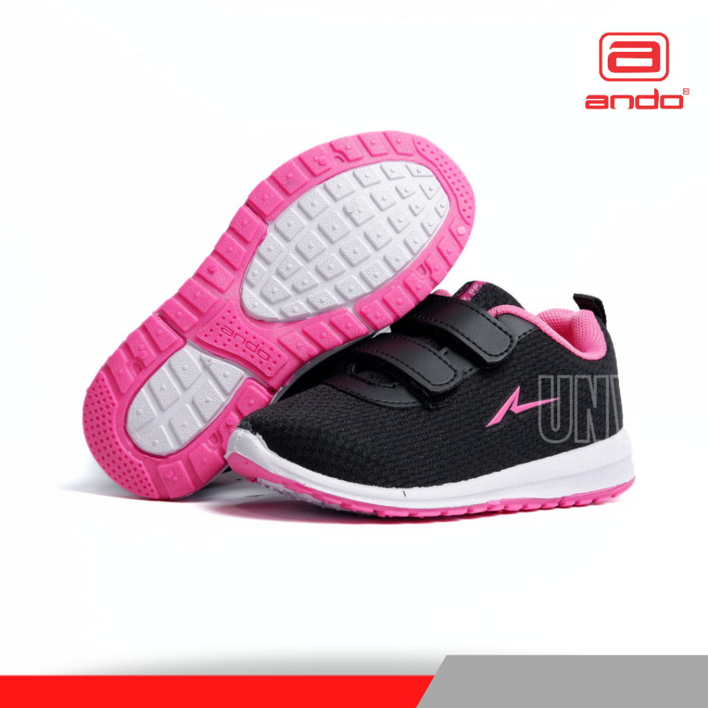 Sepatu Sekolah Anak Perempuan Ando Hitam Pink Perekat Usia 4 5 6 7 8 Tahun Sneakers Kets Olahraga PAUD TK SD Tanpa Tali