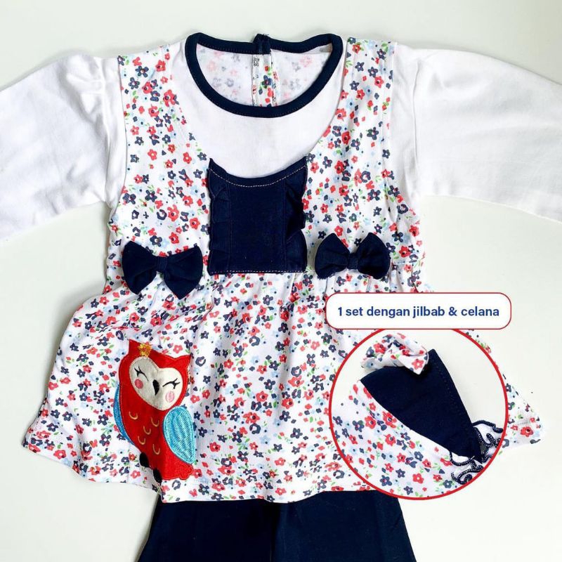 [6-18bln] Setelan baju muslim anak perempuan OWL moslem suit 6-18 bulan / setelan 3in1 gamis celana hijab anak 0 6 12 18 bulan motif owl