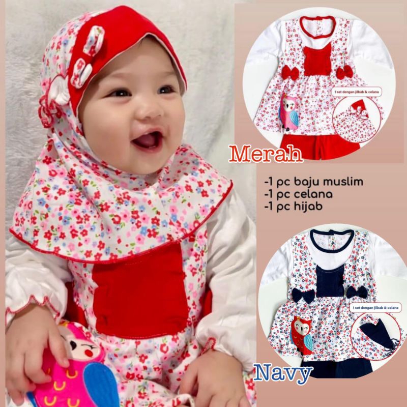 [6-18bln] Setelan baju muslim anak perempuan OWL moslem suit 6-18 bulan / setelan 3in1 gamis celana hijab anak 0 6 12 18 bulan motif owl