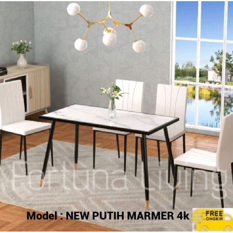 (Free Ongkir Jadetabek) Meja Makan Marmer 4 Kursi Rangka Stainless | Dining Table Minimalis set