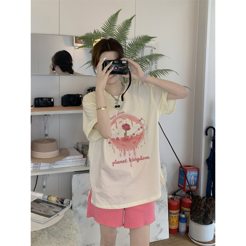 EUNII T-shirt Lengan Pendek Retro Pink Rose BlackPink Korean Style/Kaos Atasan Wanita/Baju Kaus Oversize Wanita/Kaos Wanita