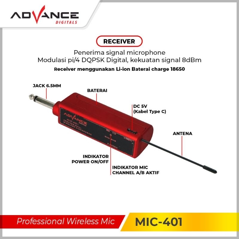 Advance Microphone Mic Double Wireless + Receiver MIC 401