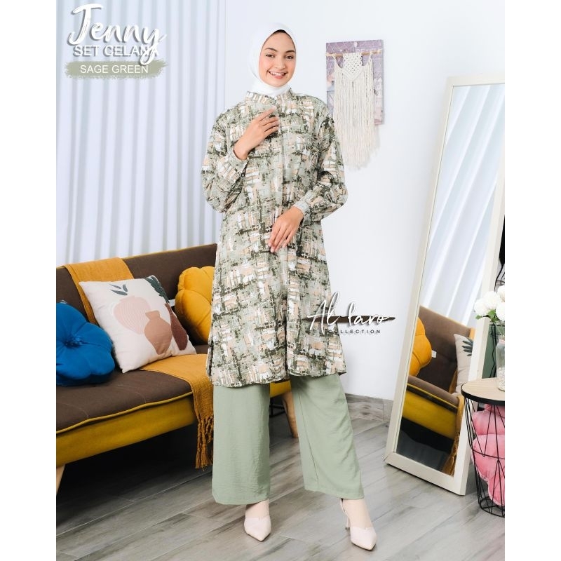 Setelan tunik celana Aliya Jenny Alfaro cringkel premium model baru premium ORI berlabel motif polos dan salur ootd one set wanita masa kini