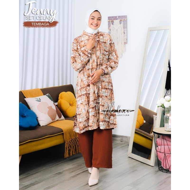 Setelan tunik celana Aliya Jenny Alfaro cringkel premium model baru premium ORI berlabel motif polos dan salur ootd one set wanita masa kini