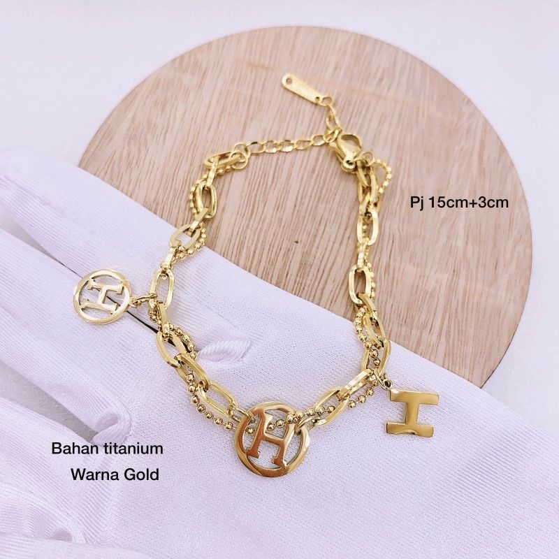 Gelang Titanium Asli Gold motif H Premium Quality Anti karat anti alergi Stainless steel ori GT505