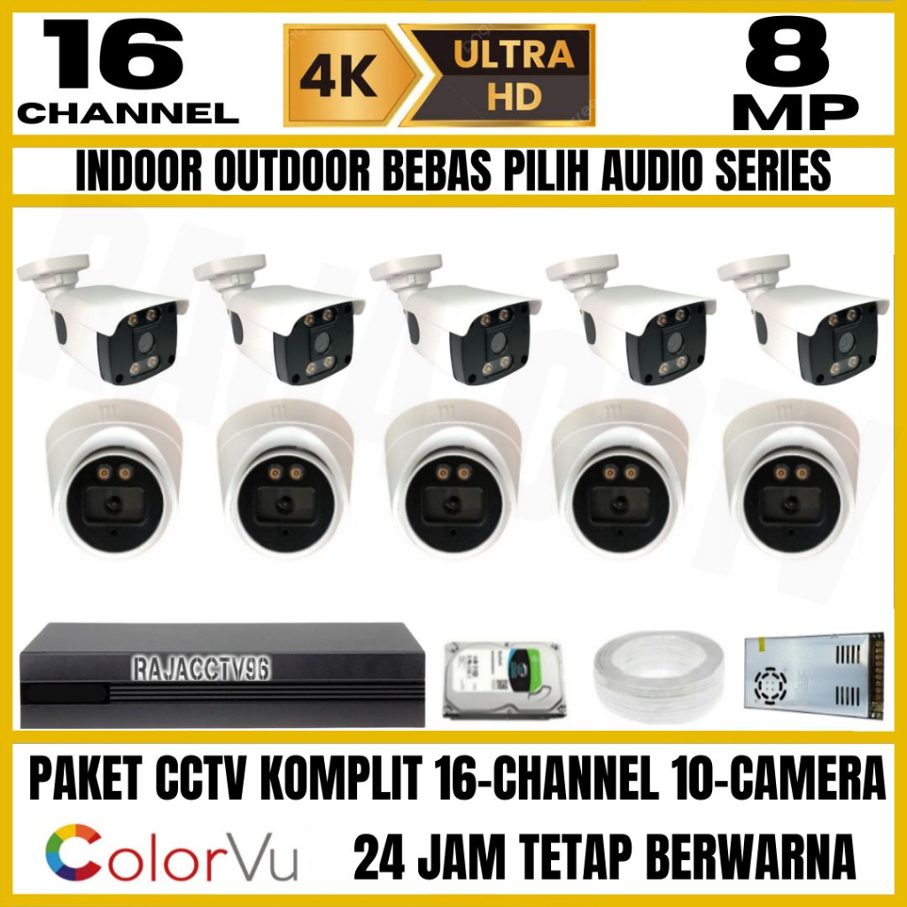 PAKET CCTV 8MP COLORVU COLORFUL 16 CHANNEL 10 KAMERA ULTRA HD CAMERA AUDIO SERIES