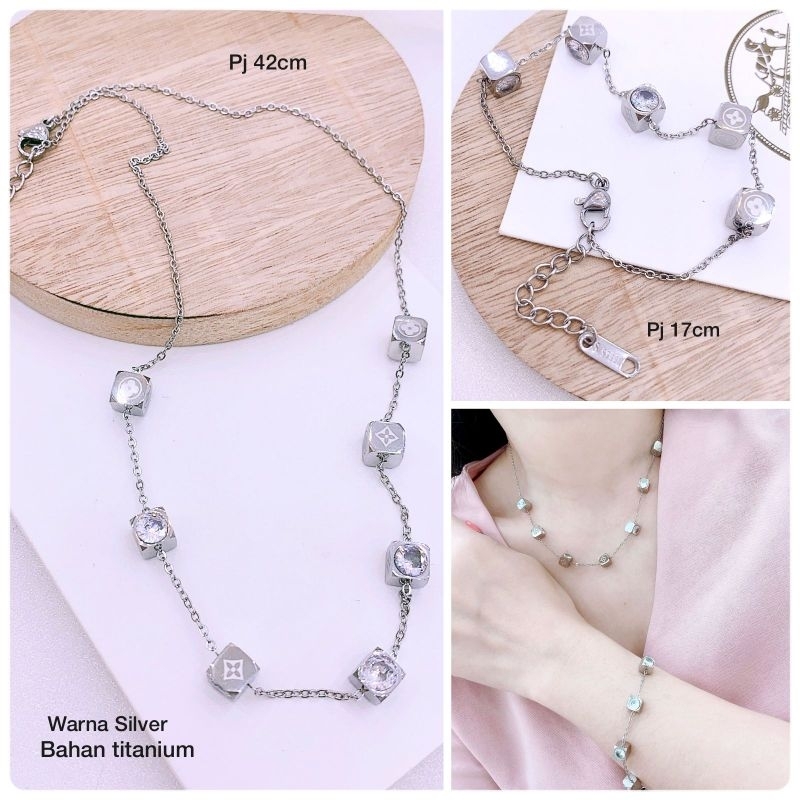 Kalung Gelang Titanium Asli Premium Quality Anti karat anti alergi Stainless steel silver motif elv 802Silver