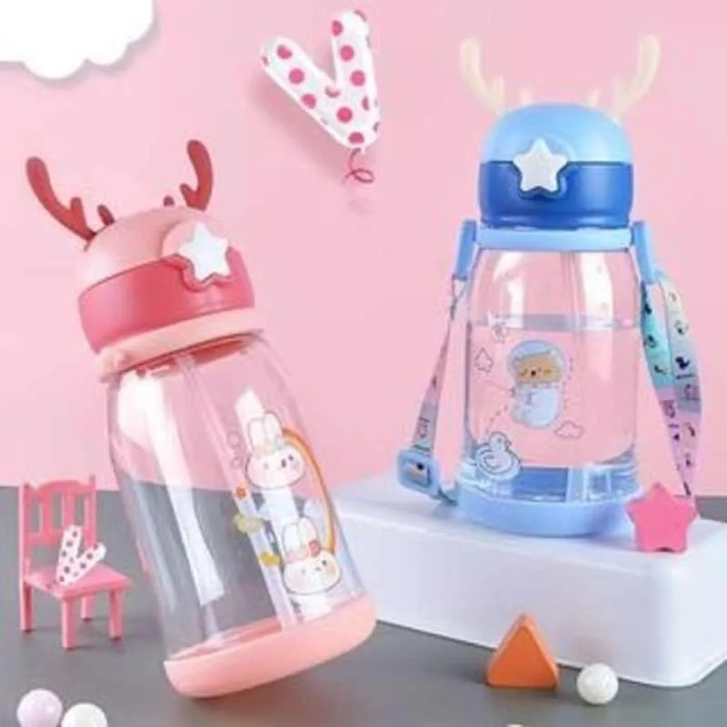 Botol Minum Tanduk Rusa Sticker Dengan Tali Sedotan 600ML / Botol Minum Anak Lucu 600 ML Anti Tumpah Anti Pecah