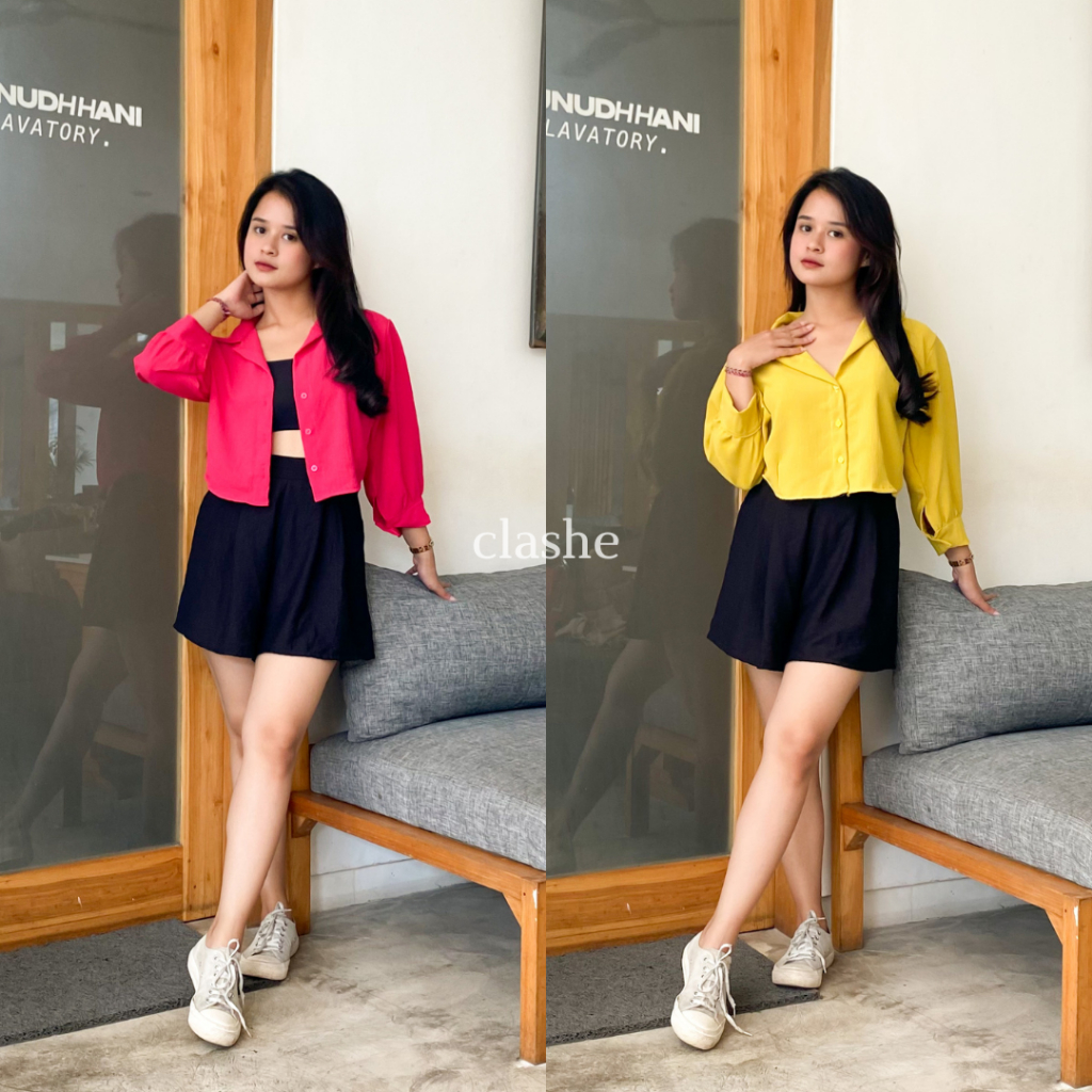 Kemeja Crop Wanita Lengan Panjang Crinkle Airflow Anti Lecek Terbaru Kekinian Korean Style Ootd Raisa Shirt by Clashe