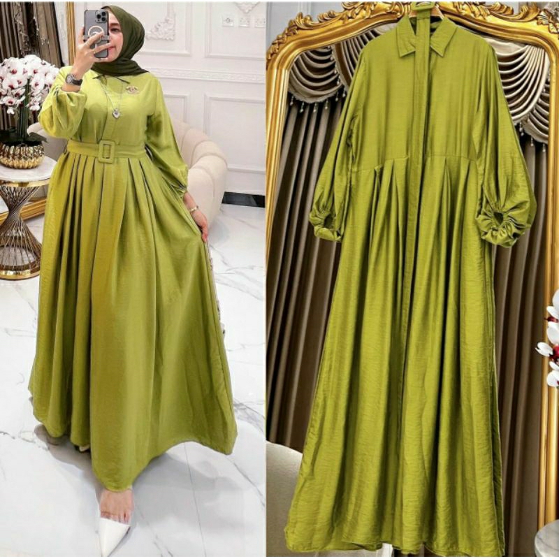 Hazel Dress, GAMIS MUSLIM CANTIK POLOS MODIS FIT XL LD 106 BAHAN LINEN CRINKLE PREMIUM KANCING BUSUI TERMURAH TERLARIS OOTD