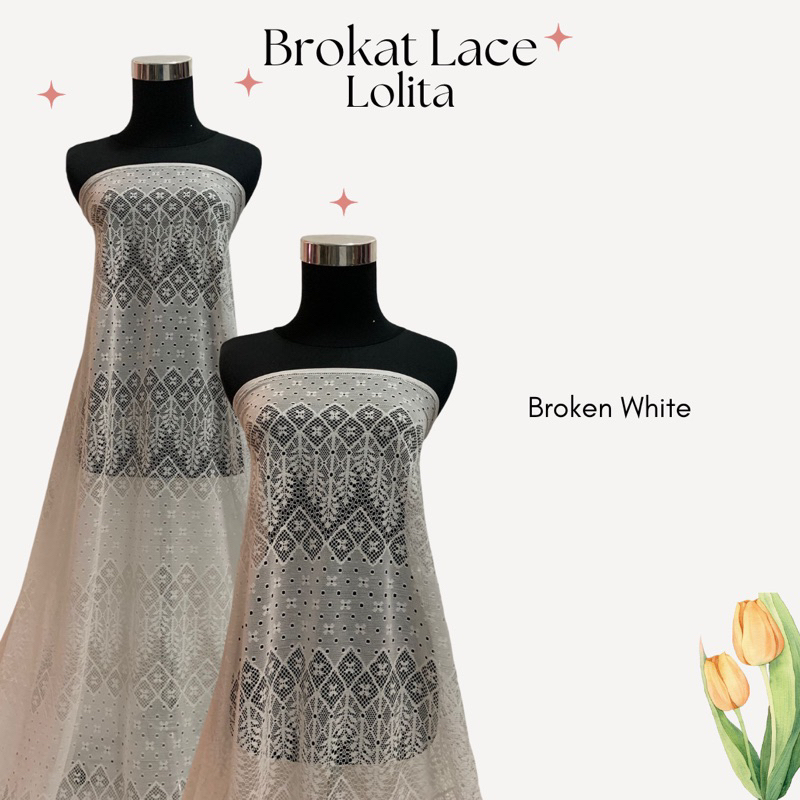 Bahan Kain Brokat Brukat Lace Renda Halus Motif Padi Zig Zag Lolita Bahan Gamis Warna Broken White Putih Tulang