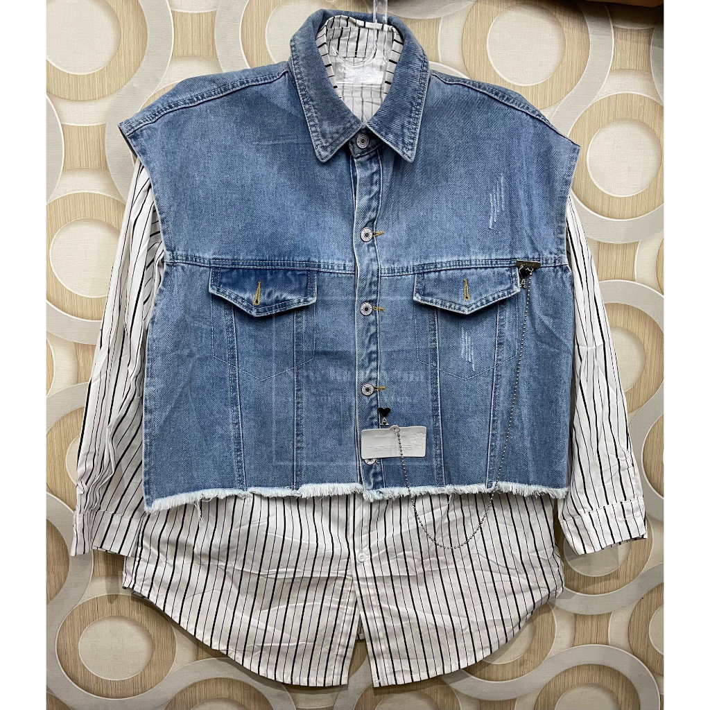 Kemeja Atasan Wanita Oversize Set Rompi Denim Style Korea KPOP