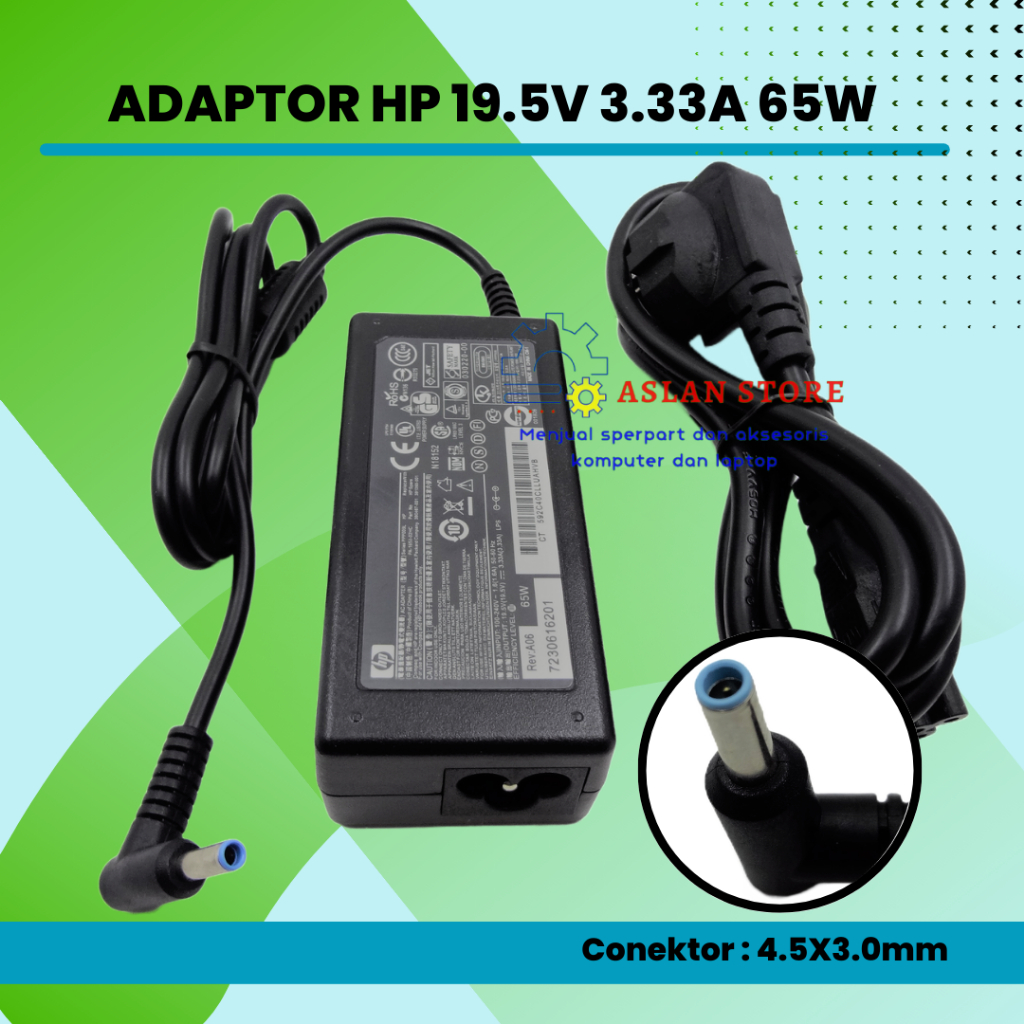 Adaptor HP 19.5V 3.33A 4.5x3.0Mm Ujung Biru 65W AC Power Laptop  HP Chromebook 11 G4 EE, 11 G5, 11 G5 EE, 14 G3 246 G4 248