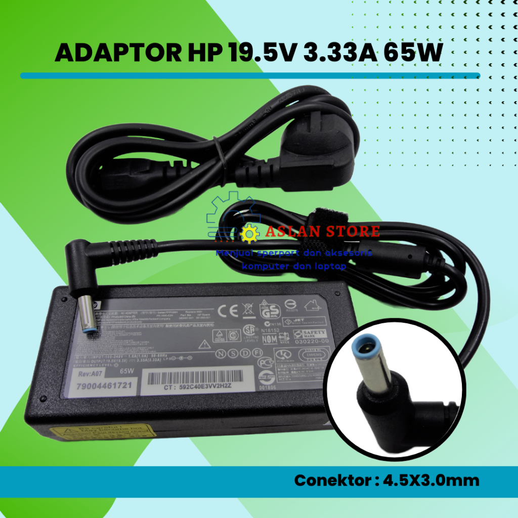 AC Power Adaptor HP 19.5V 3.33A 65W untuk HP EliteBook 1020 1030 G1 1040 G3 G2 14S TPN-Q221 Q230 Pavilion X360 14