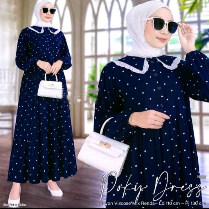 Poky Midi Dress Rayon Motif Polkadot Baju Gamis Wanita Fashion Muslim/midi dres wanita dewasa