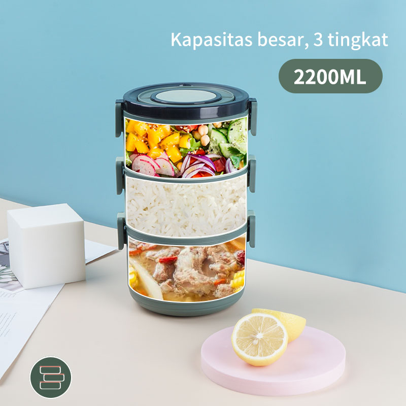 Letyeah &amp; Kaizenliving Bulat Kotak Makan 3 Tingkat Tahan Panas untuk Bekal Kerja Lunch Box