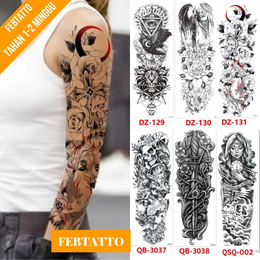 Tato Temporer Full Lengan Ukuran 17cm x 48cm Motif Bunga Bulan DZ 131 Tato Lengan Tato Dada Tato Tan