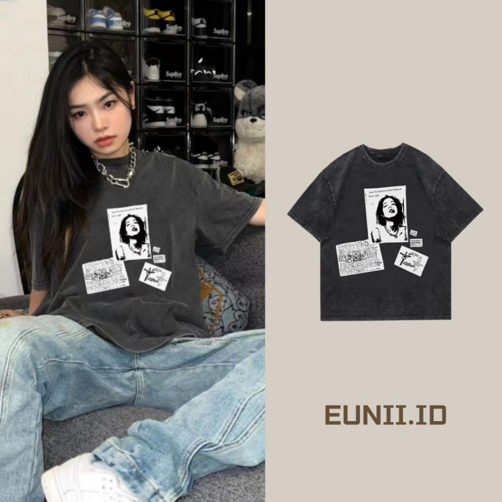 EUNII T-shirt Lengan Pendek Black Washed Retro Record Printing Korean Style/Kaos Atasan Wanita/Baju Wanita/Kaos Wanita