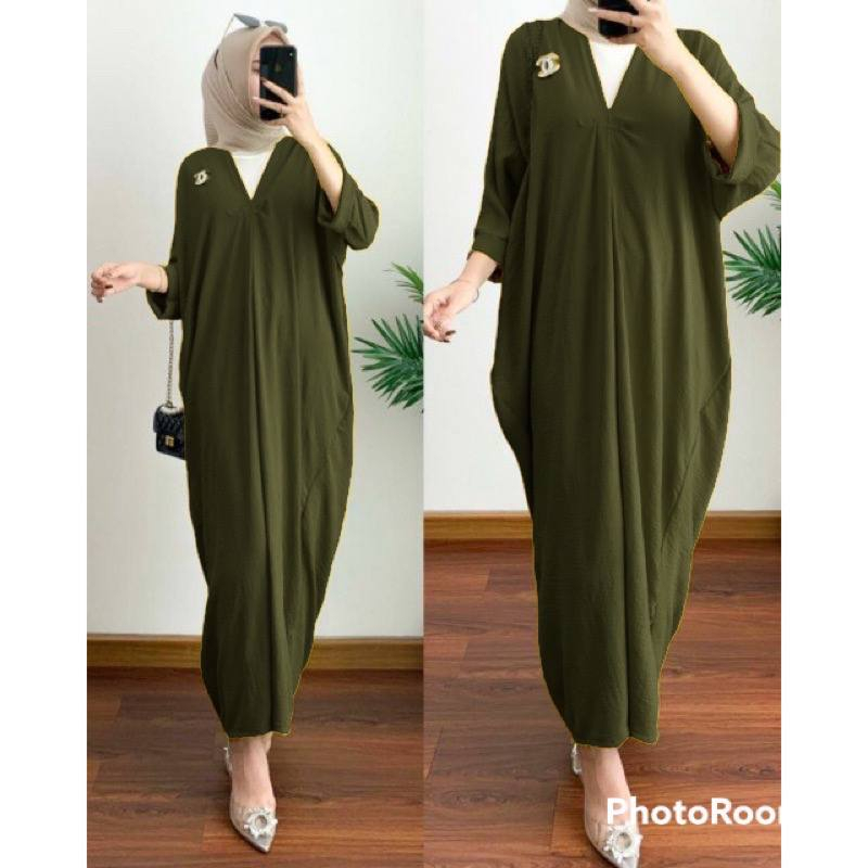 Kaftan Jumbo Wanita Syamilda Bahan Crinkle AirFlow Kerah V Fashion Muslim Terbaru