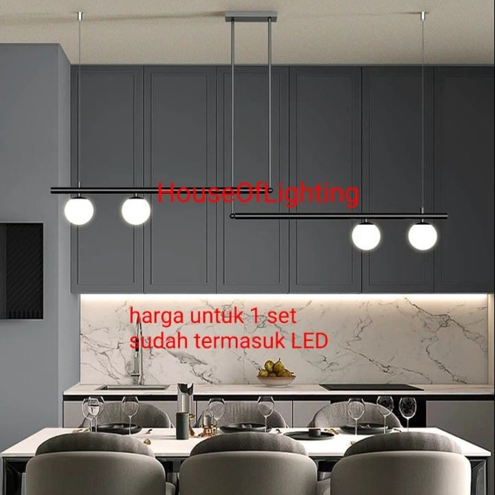 SL267-4 HITAM LAMPU GANTUNG MEJA MAKAN PANJANG MINI BAR ISLAND TABLE MINIMALIS KACA SUSU PENDANT LAM