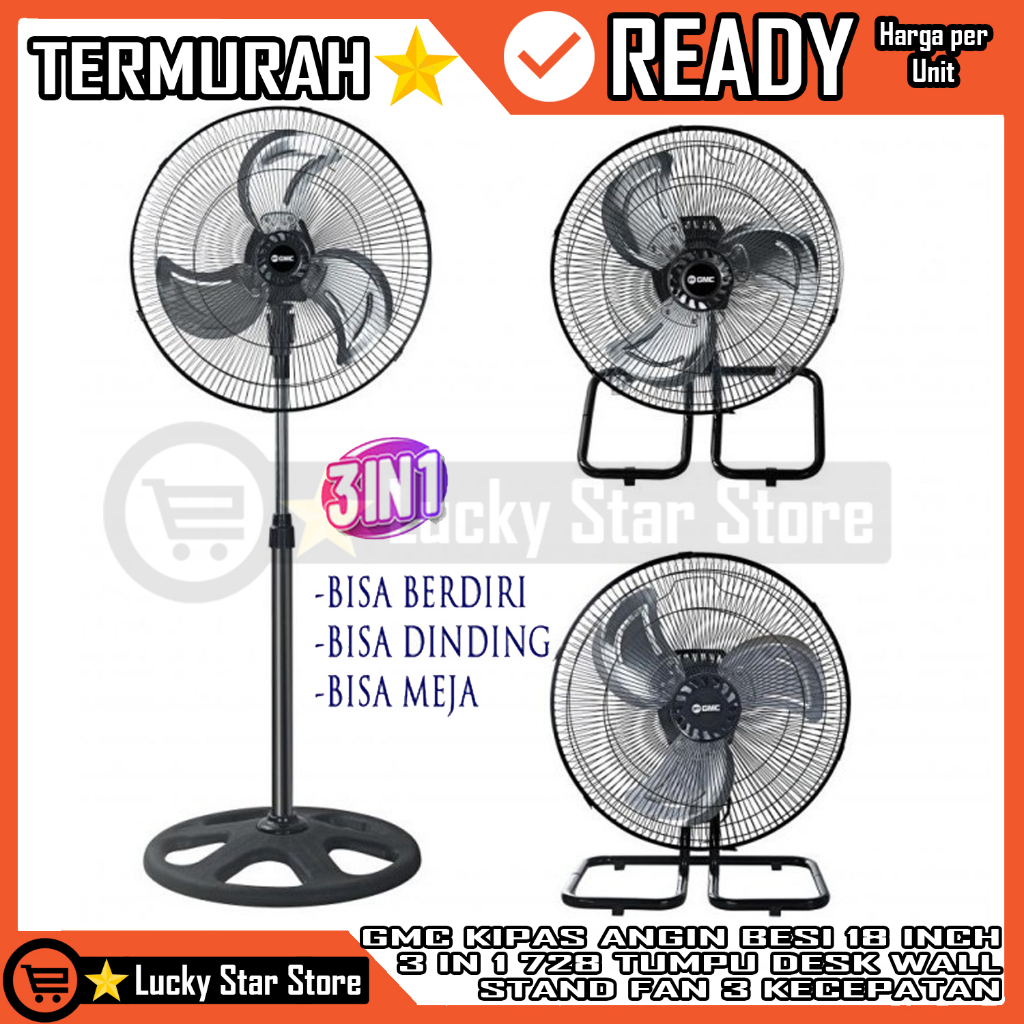 Gmc 18 Inch 3 In 1 728 Kipas Angin Besi Tornado Berdiri Duduk Dinding Meja Desk Wall Stand Fan Angen