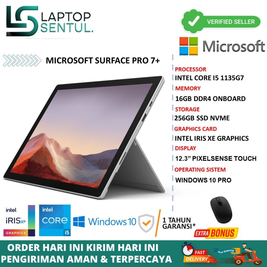 Microsoft Surface Pro 7 Plus 2in1 Tablet Intel Core i5 1135G7 RAM 16GB SSD 512GB Pixel Sense Touch Windows 10  Terlaris