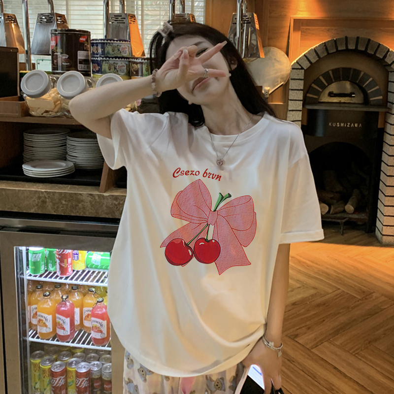 Print T-shirt Kaos Lengan Pendek Cartoon Pink Cherry Bow Baju Wanita Oversize Korean Style