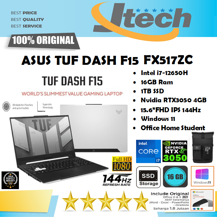 ASUS TUF DASH F15 FX517ZC - i7-12650H - 16GB - 1TB SSD - RTX3050 4GB - 15.6&quot;FHD IPS 144Hz - WIN11 - OHS