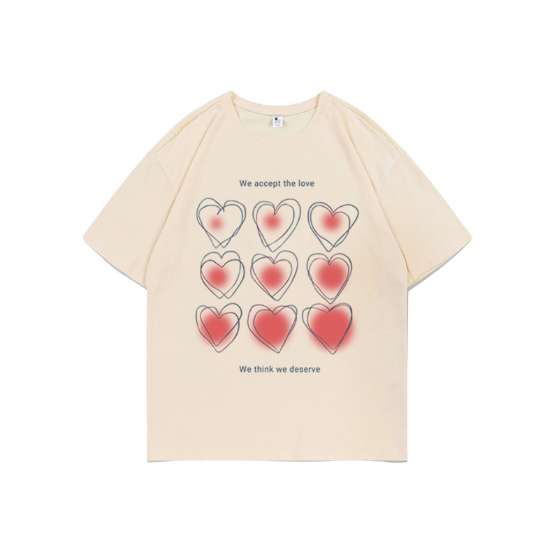 XiaoZhaiNv Kaos Atasan Oversize Wanita Red Heart Pattern Lengan Pendek A0151