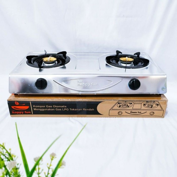 DM - Happy Fun Kompor Gas 2 Tungku Stainless Steel LPG Elpiji Automatic Gas Cooker