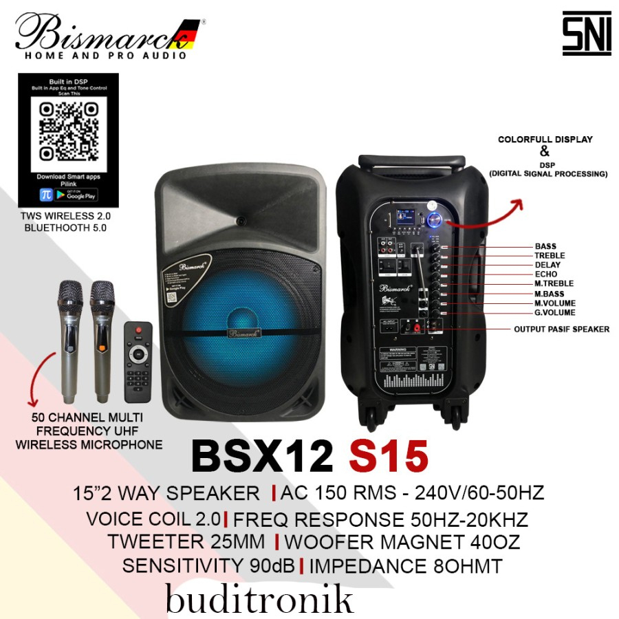 Portable Wireless Speaker Bismarck BSX12 S15 / Wireles Mic Speaker 15"