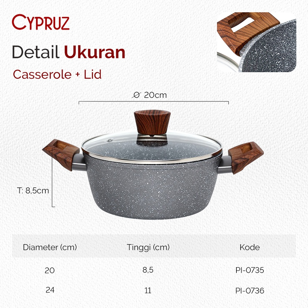 Cypruz Casserole (Panci) Grey Marble Series + Lid (Tutup)