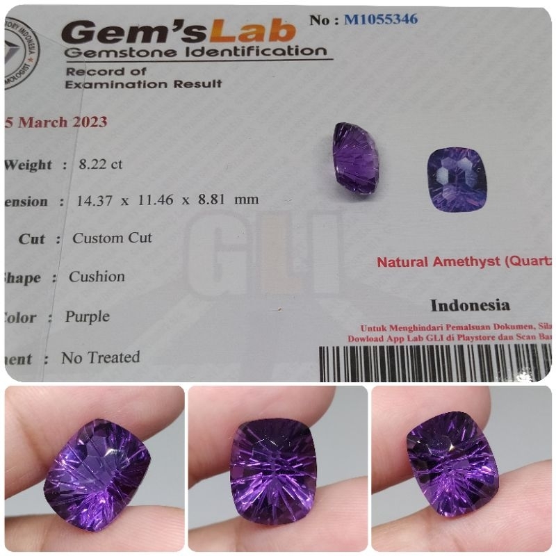 Natural Amethyst Kualitas super 8,2 ct memo GLI Kecubung Bungur