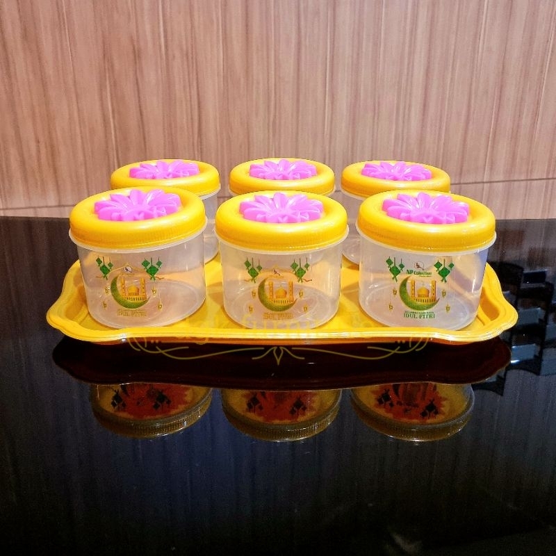 Toples Stoples Bulat Tonam Nampan Talam Alas Set Tempat Kue Kering Lebaran Ramadan MEWAH EMAS MOTIF BUNGA 850ML 850 ML Plastik 6 Toples 1 Nampan