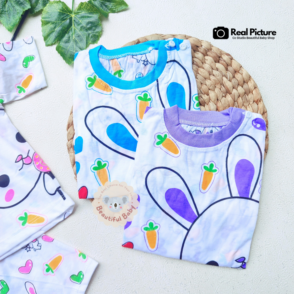 Baby.ou - Setelan Baju Bayi Lengan Pendek Celana Pendek Motif Kelinci / Setelan Harian Bayi / Kaos Oblong Bayi &amp; Anak Kancing Pundak