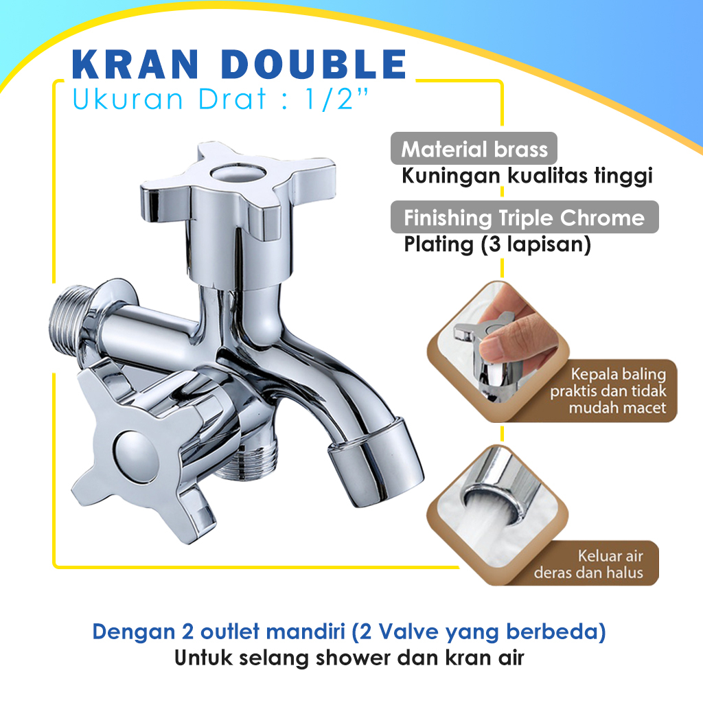 KRAN Shower Cabang Anti Karat / Keran Air Double / Kran Shower Chrome / Kran Air 2 Lubang 2 Valve Berbeda / Kran Shower Drat 1/2"