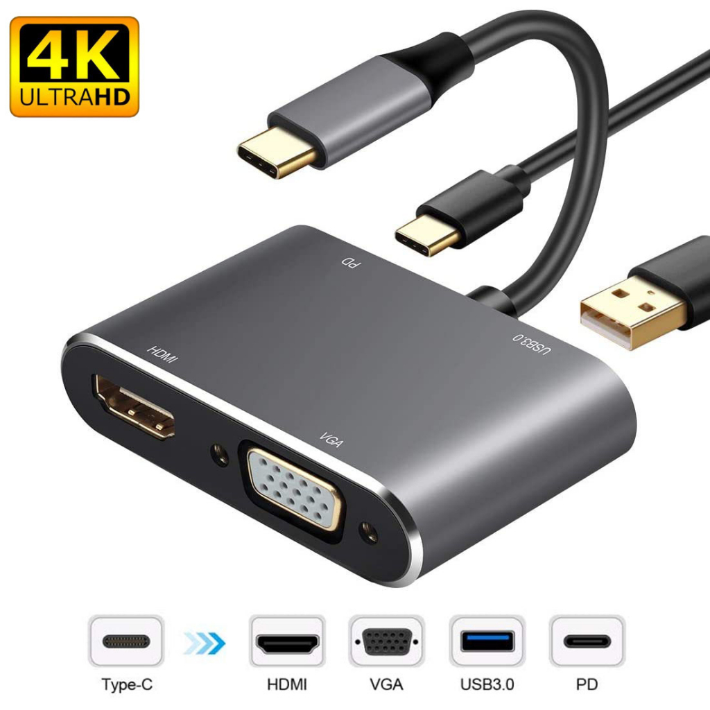 TUKUYU-PROMO 4 IN 1 USB C Type-C To HDMI Adapter Travel 4K VGA USB 3.0 PD