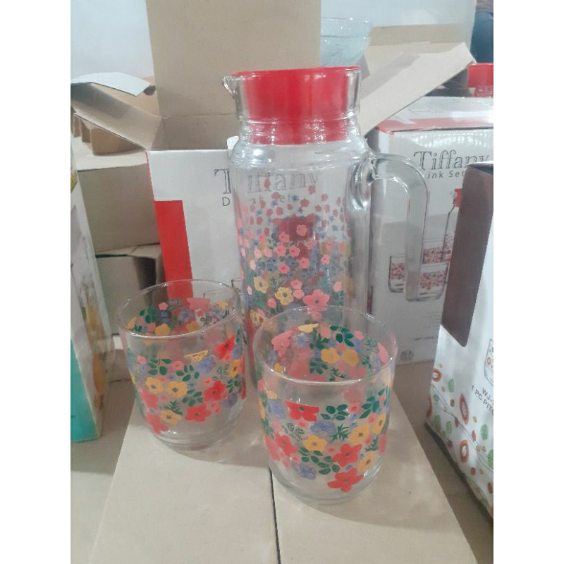 Tiffany Drink Set (1 Teko 4 Gelas) 1000ml / Teko Kaca Set / Teko Kaca Air Set / Pitcher Drink Set / 