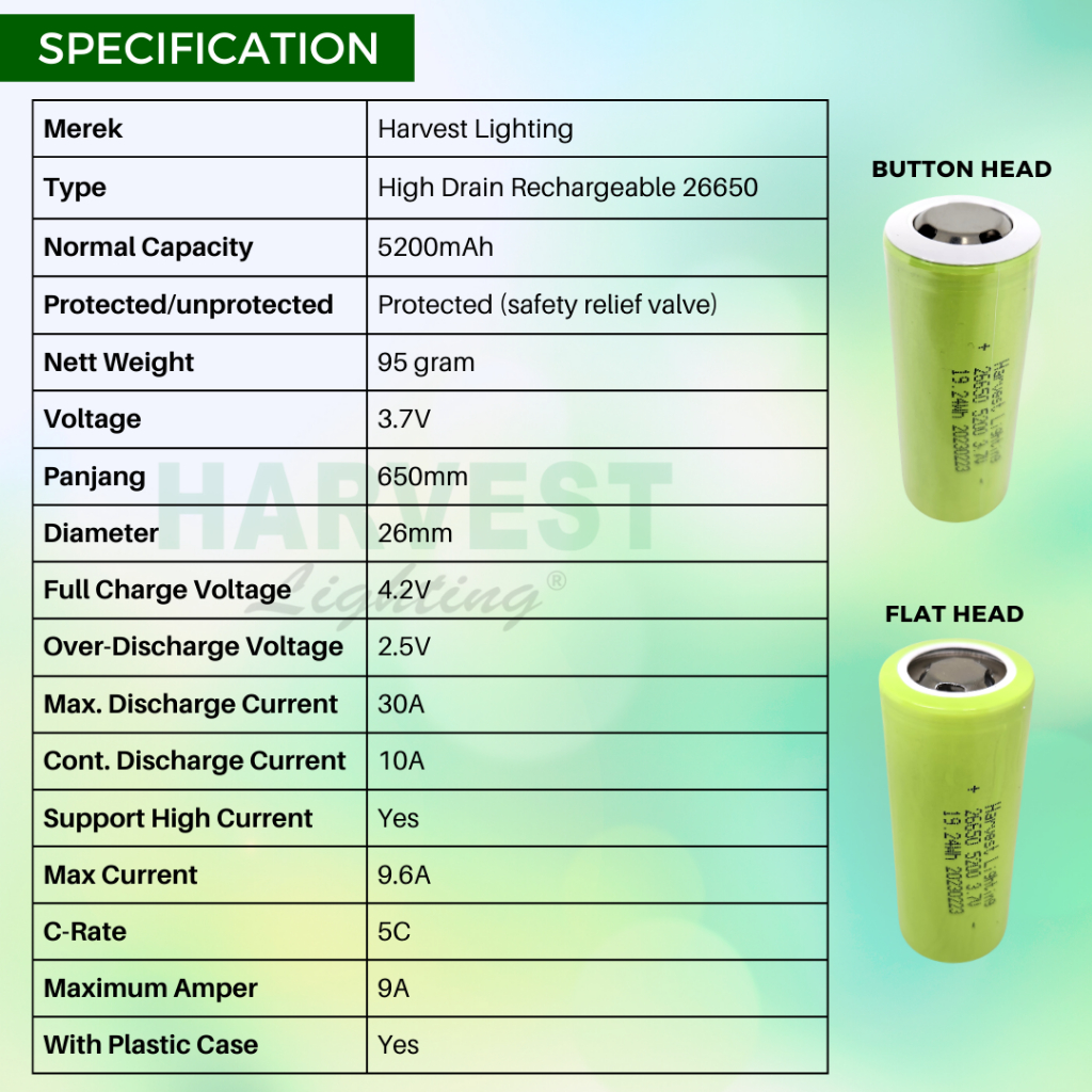 Battery 26650 Harvest Lighting Authentic 5200mAh Baterai Original