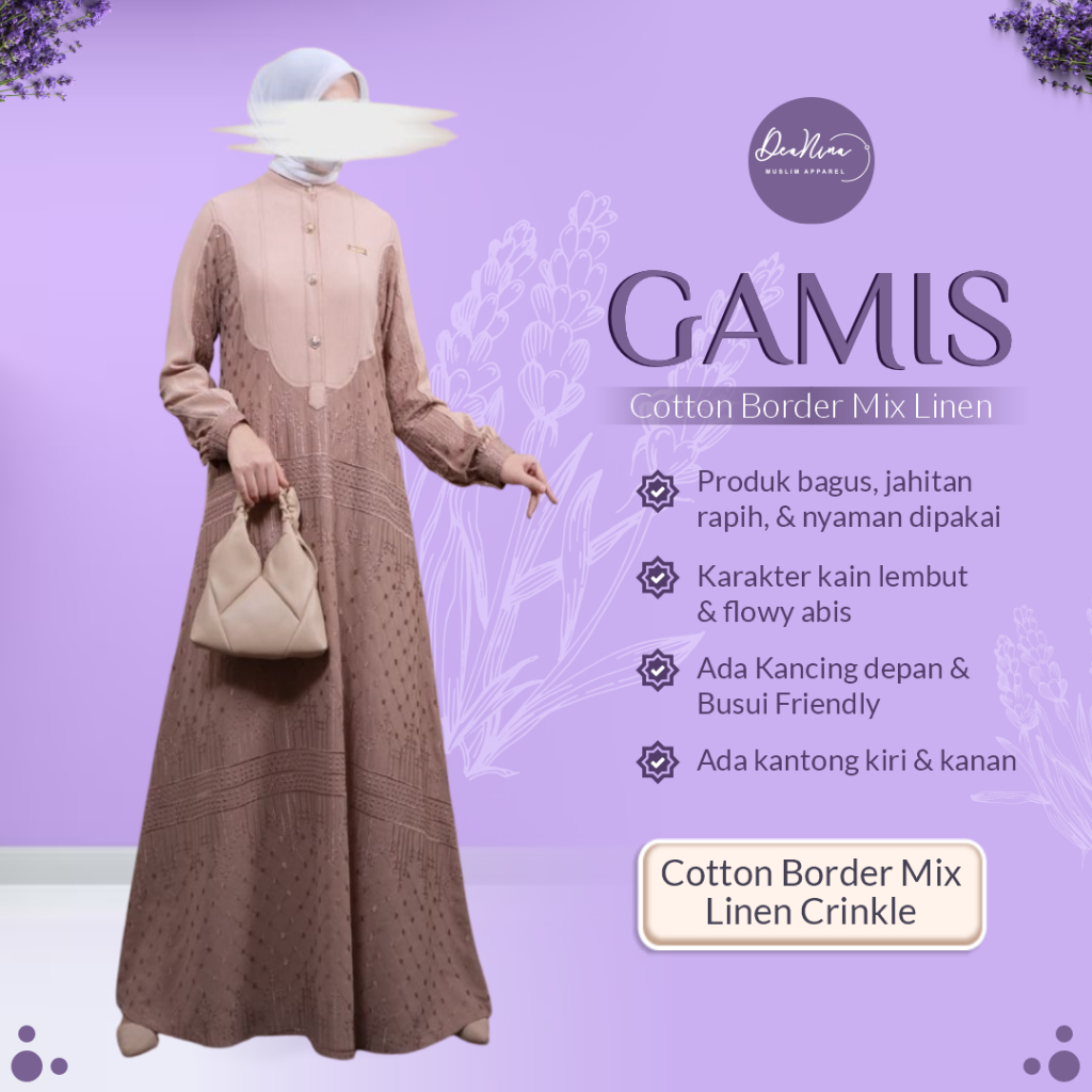 Gamis Muslim Cotton Bordir Mix Linen Crinkle Premium Dress Kombinasi Kancing Depan Wudhu Friendly Wa