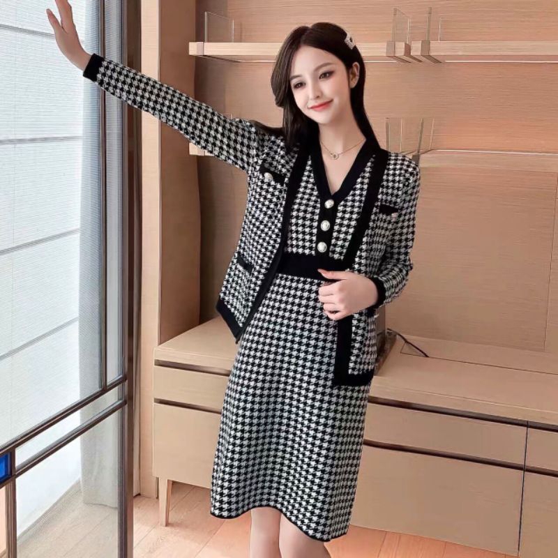 QUEEN SAKURA - Q6983SET - LADY HOUNDSTOOTH SET DRESS & OUTER IMPORT - SETELAN DRESS DAN CARDIGAN RAJ