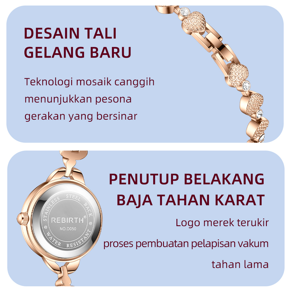 REBIRTH Jam Tangan Wanita Original Fashion Asli Gaya Elegan Skala Berlian Kuarsa Bentuk Anti Air Gelang Anti Air Jam Tangan Cewek