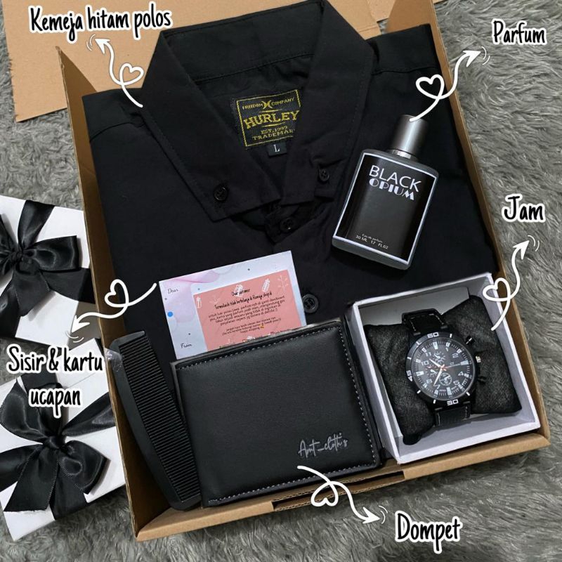 bisa cod )Hampers kemeja hitam polos kado ulang tahun cowok / hampers gift box cowok / hadiah cowok 