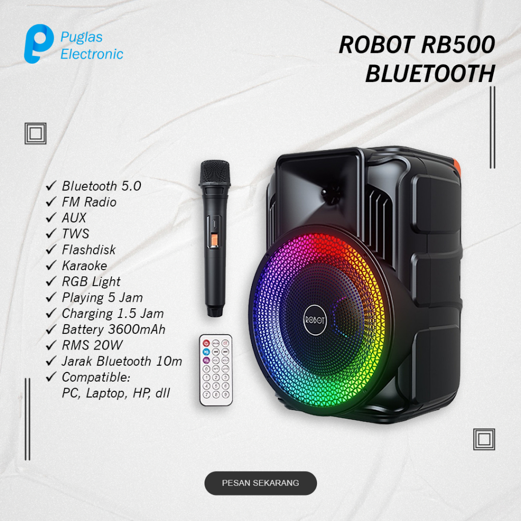 Speaker Robot RB500 Bluetooth 5.0 Wireless Karaoke Speaker Aktif PC Komputer Laptop HP