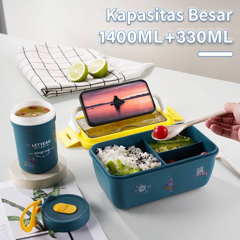 Letyeah &amp; Kaizenliving tempat makan anak sekolah set tas / kotak makan plastik 1400ml / lunch box set tas / tempat makan anti tumpah + stiker lucu